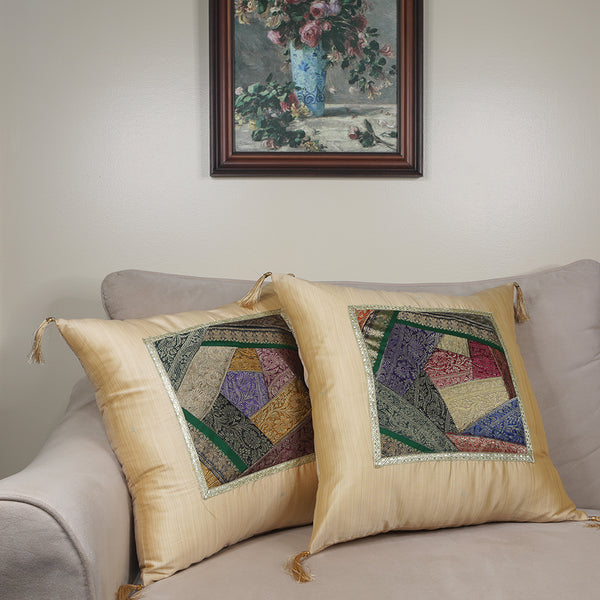 Curry Peepal Throw Pillow Cushion Handmade Silk Square Living Room Bedroom Decor Interior