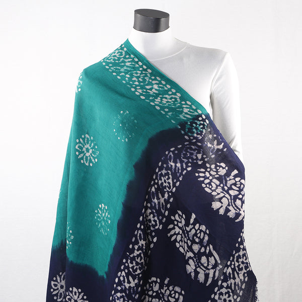 Blended Cotton Viscose Women's Scarf Batik Print Blue Green Flower Print large size, ideal for hijab or head scarf or for pairing with formal / informal outfits.