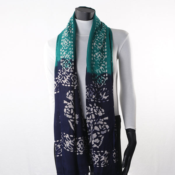 Blended Cotton Viscose Women's Scarf Batik Print Blue Green Flower Print large size, ideal for hijab or head scarf or for pairing with formal / informal outfits.