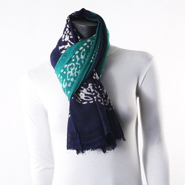 Blended Cotton Viscose Women's Scarf Batik Print Blue Green Flower Print large size, ideal for hijab or head scarf or for pairing with formal / informal outfits.