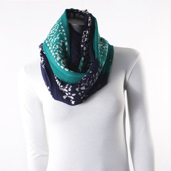 Blended Cotton Viscose Women's Scarf Batik Print Blue Green Flower Print large size, ideal for hijab or head scarf or for pairing with formal / informal outfits.