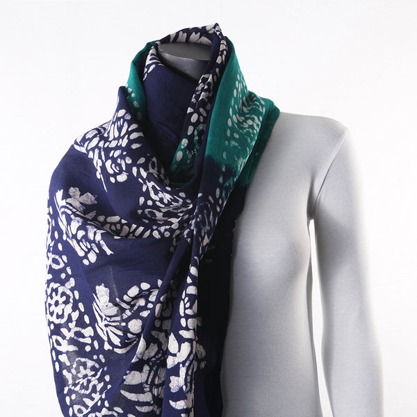 Blended Cotton Viscose Women's Scarf Batik Print Blue Green Flower Print large size, ideal for hijab or head scarf or for pairing with formal / informal outfits.