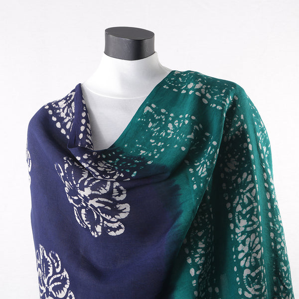 Blended Cotton Viscose Women's Scarf Batik Print Blue Green Flower Print large size, ideal for hijab or head scarf or for pairing with formal / informal outfits.