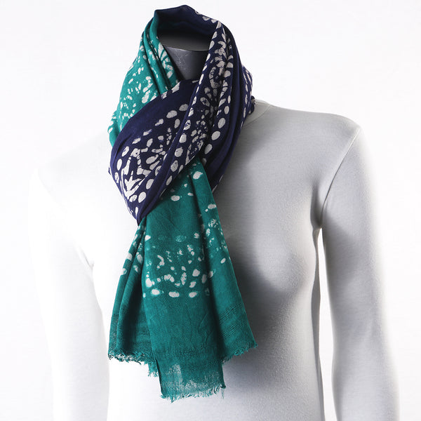 Blended Cotton Viscose Women's Scarf Batik Print Blue Green Flower Print large size, ideal for hijab or head scarf or for pairing with formal / informal outfits.