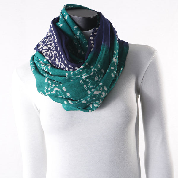 Blended Cotton Viscose Women's Scarf Batik Print Blue Green Flower Print large size, ideal for hijab or head scarf or for pairing with formal / informal outfits.