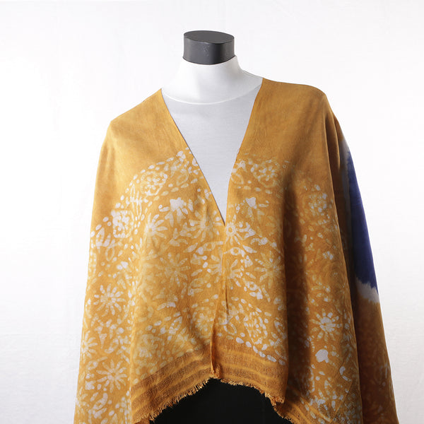Blended Cotton Viscose Women's Scarf Batik Print Blue Mustard