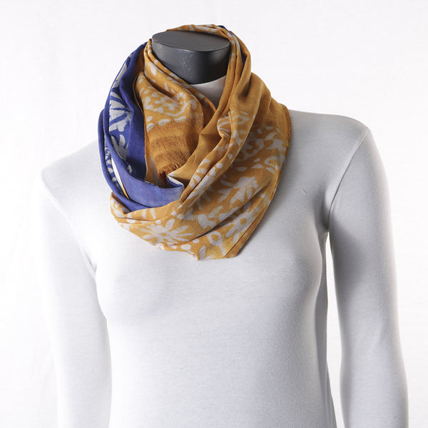 Blended Cotton Viscose Women's Scarf Batik Print Blue Mustard