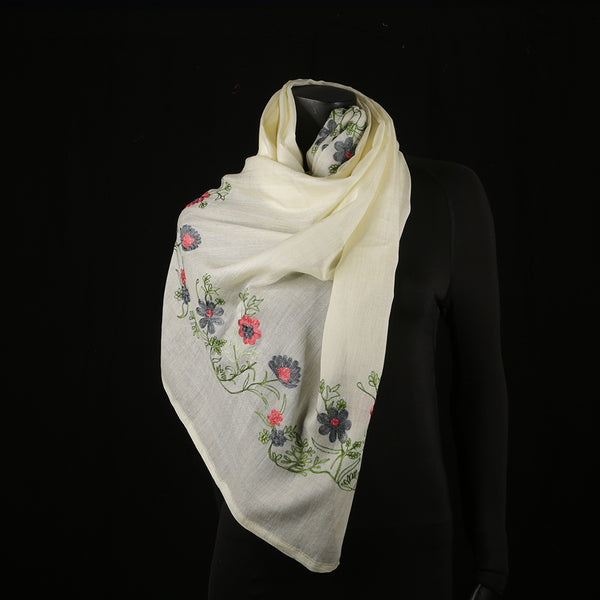 Hand Embroidered Soft Viscose Women's Scarf Large - Green Garden