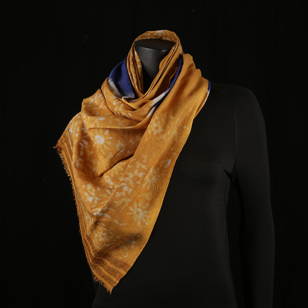 Blended Cotton Viscose Women's Scarf Batik Print Blue Mustard