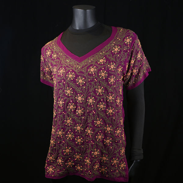 Women's Top Shirt Kurti Purple Handmade Embroidery Chikan 
