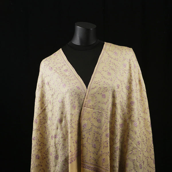 Hand Embroidered Pashmina Shawl / Scarf / Stole - Sozni Egg Nog