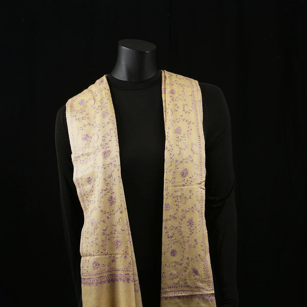 Hand Embroidered Pashmina Shawl / Scarf / Stole - Sozni Egg Nog