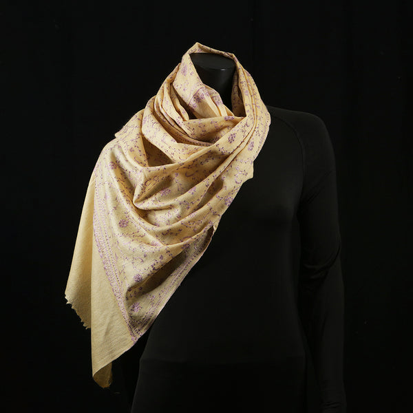 Hand Embroidered Pashmina Shawl / Scarf / Stole - Sozni Egg Nog