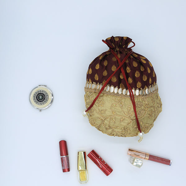 Handmade Potli Bag Maroon Gold