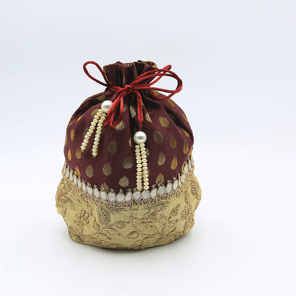 Handmade Potli Bag Maroon Gold