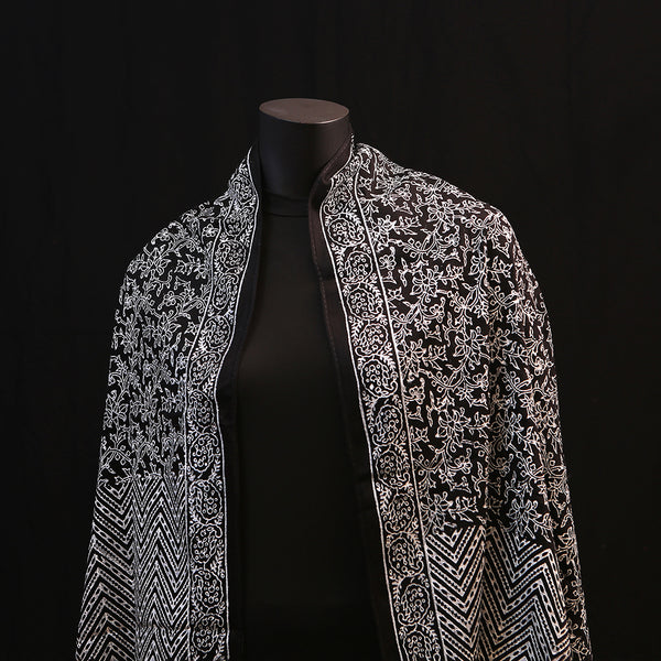 Hand printed Wide Silk Scarf - In Black & White