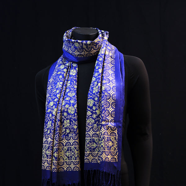 Hand printed Wide Pashmina Scarf - Royal Blue