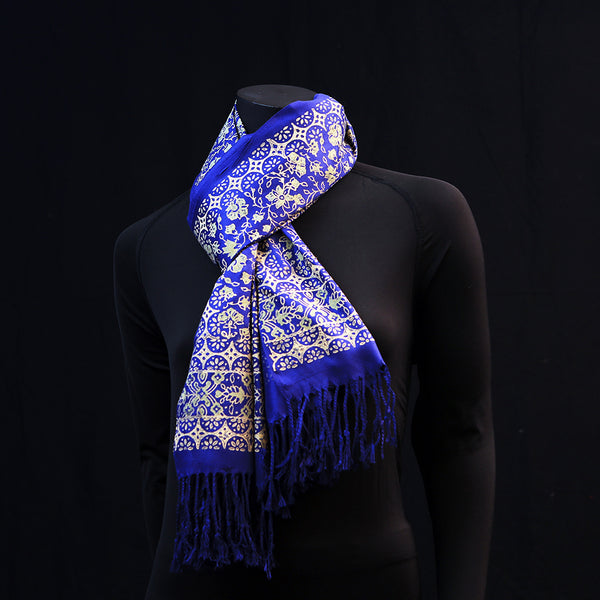 Hand printed Wide Pashmina Scarf - Royal Blue