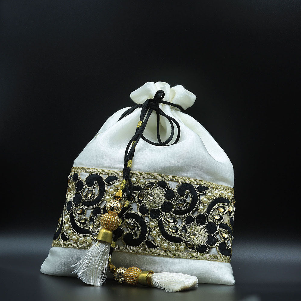 Black Satin Pearl and Antique Gold Beaded Design Potli Handbag