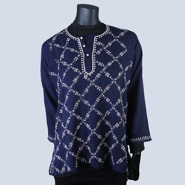 Hand embroidered Kurti Top - Chikan Embroidery - Royal Blue