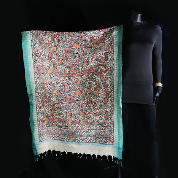 Madhubani Handpainted Ladies Cotton Shawl / Scarf / Dupatta - Tails