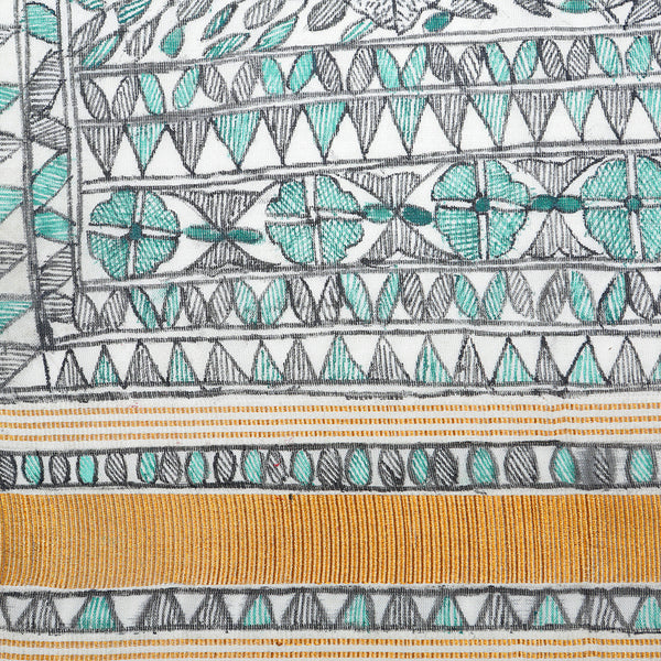 Madhubani Handpainted Ladies Cotton Shawl / Scarf / Dupatta - Forest Green