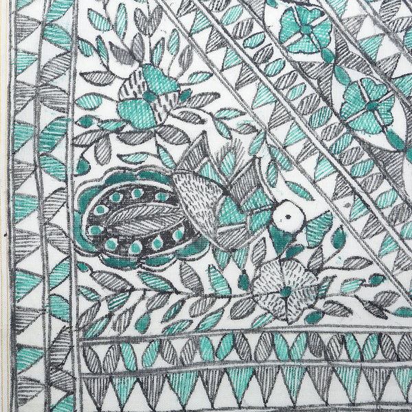 Madhubani Handpainted Ladies Cotton Shawl / Scarf / Dupatta - Forest Green