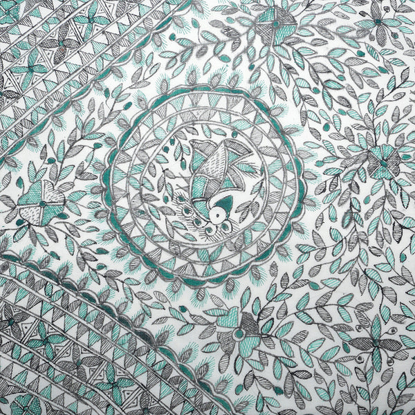 Madhubani Handpainted Ladies Cotton Shawl / Scarf / Dupatta - Forest Green