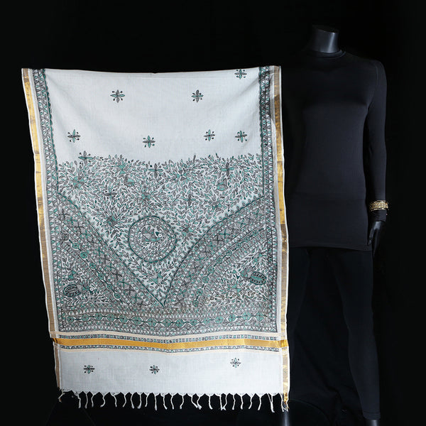 Madhubani Handpainted Ladies Cotton Shawl / Scarf / Dupatta - Forest Green