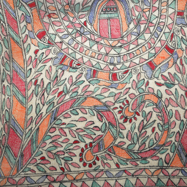 Madhubani Handpainted Ladies Cotton Shawl / Scarf / Dupatta - Tails