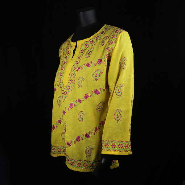 Hand embroidered Kurti Top - Chikan Embroidery - Sunshine