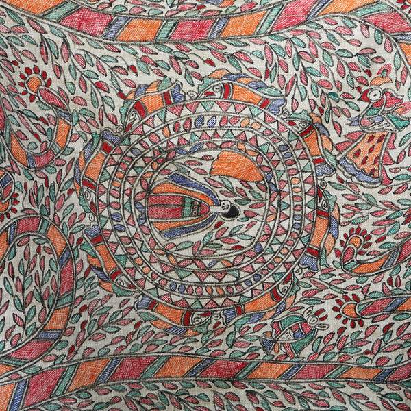 Madhubani Handpainted Ladies Cotton Shawl / Scarf / Dupatta - Tails