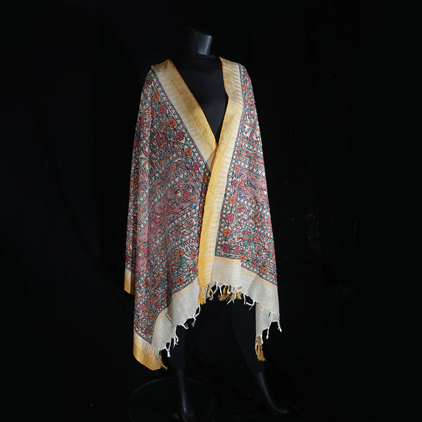 Madhubani Handpainted Ladies Cotton Shawl / Scarf / Dupatta - Mustard Border