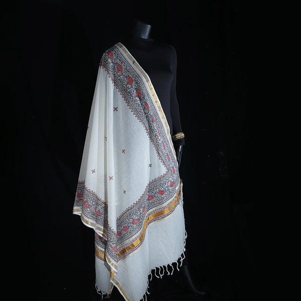 Madhubani Handpainted Ladies Cotton Shawl / Scarf / Dupatta - Border