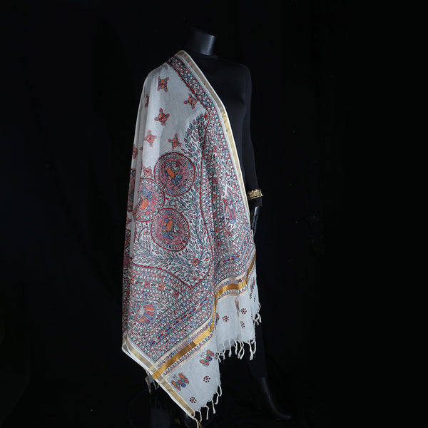 Madhubani Handpainted Ladies Cotton Shawl / Scarf / Dupatta - Circles
