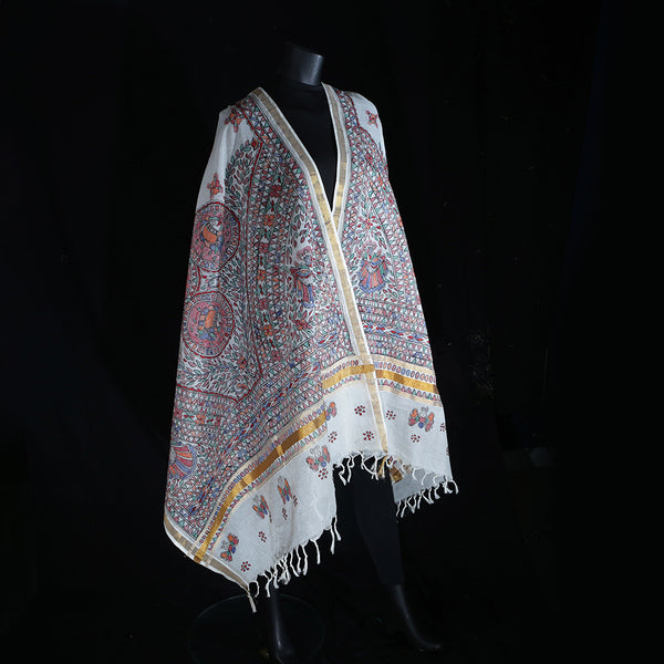 Madhubani Handpainted Ladies Cotton Shawl / Scarf / Dupatta - Circles