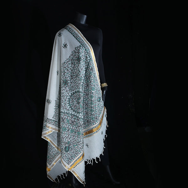 Madhubani Handpainted Ladies Cotton Shawl / Scarf / Dupatta - Forest Green