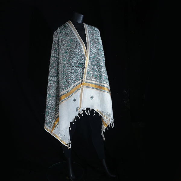 Madhubani Handpainted Ladies Cotton Shawl / Scarf / Dupatta - Forest Green