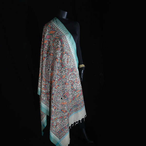 Madhubani Handpainted Ladies Cotton Shawl / Scarf / Dupatta - Tails