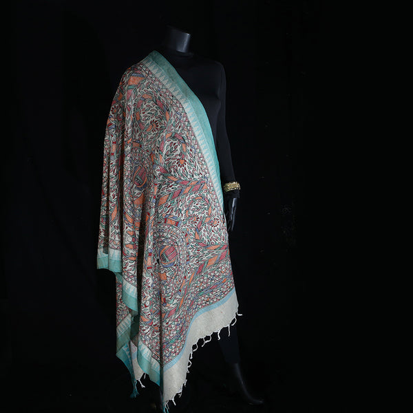 Madhubani Handpainted Ladies Cotton Shawl / Scarf / Dupatta - Tails