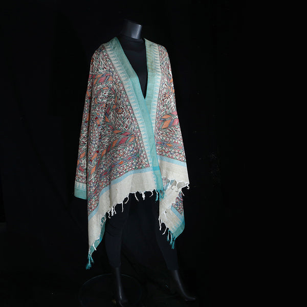 Madhubani Handpainted Ladies Cotton Shawl / Scarf / Dupatta - Tails