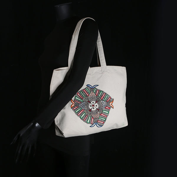 Handpainted Madhubani Ladies Large Tote / Handbag - Fish Mandala 2