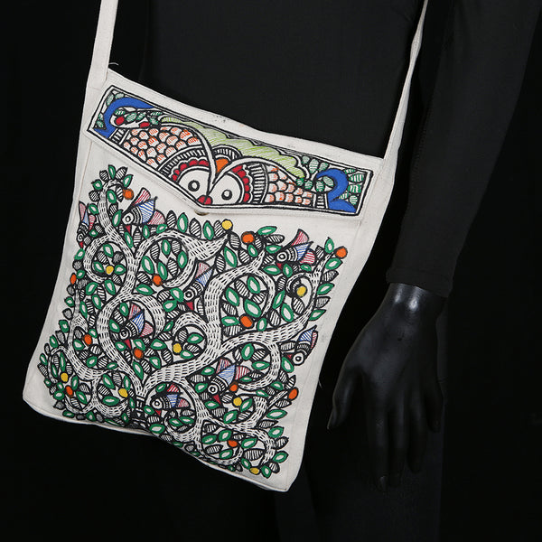 Handpainted Madhubani Ladies Large Tote / Handbag - Owl Flap