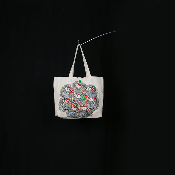 Handpainted Madhubani Ladies Large Tote / Handbag - Fish Mandala 2