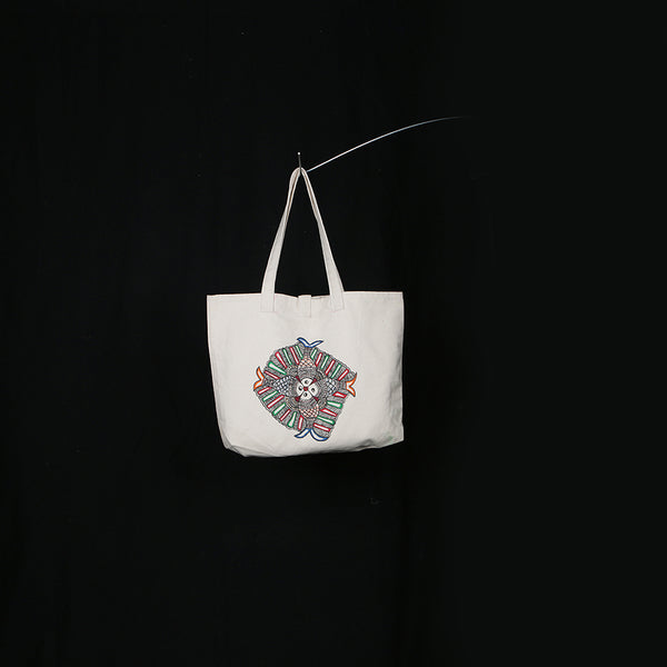 Handpainted Madhubani Ladies Large Tote / Handbag - Fish Mandala 2