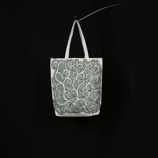 Handpainted Madhubani Ladies Large Tote / Handbag - Tree of Life