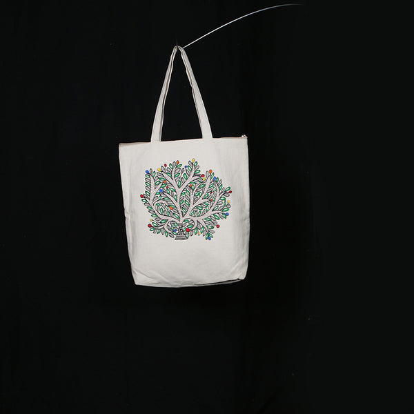 Handpainted Madhubani Ladies Large Tote / Handbag - Tree of Life