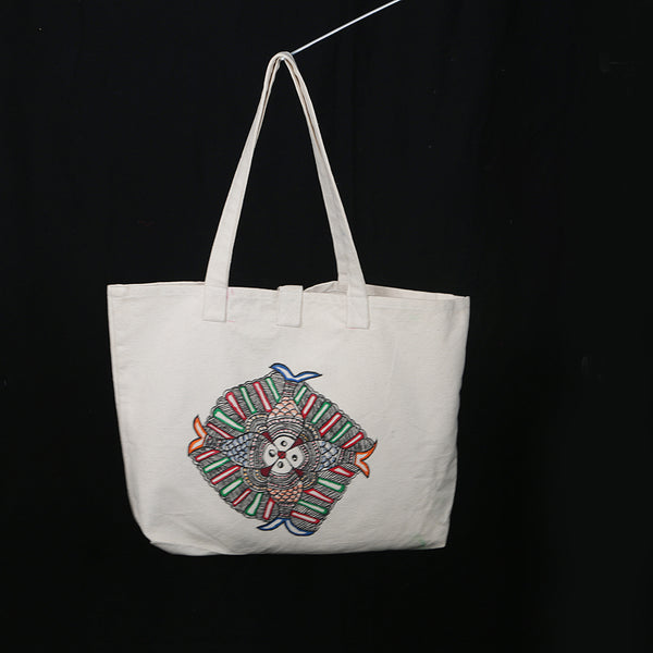 Handpainted Madhubani Ladies Large Tote / Handbag - Fish Mandala 2