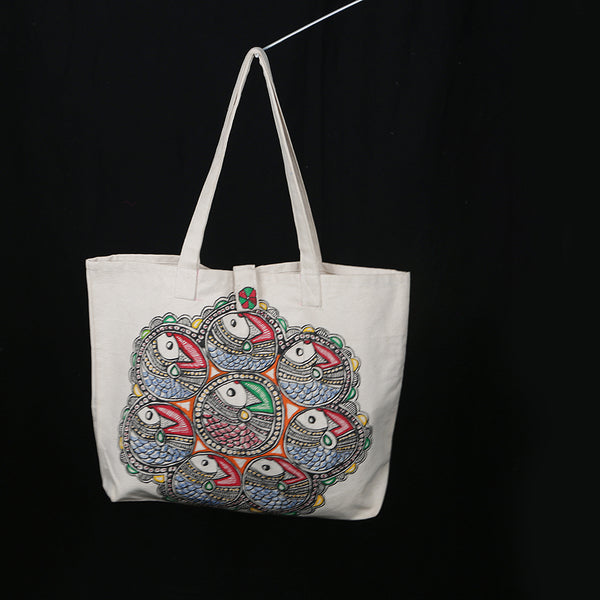 Handpainted Madhubani Ladies Large Tote / Handbag - Fish Mandala 2