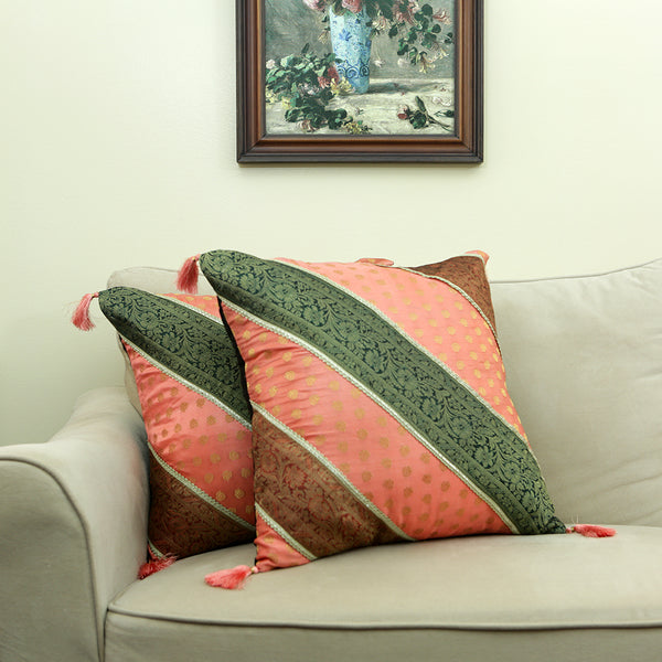 Handmade Decorative Throw Pillow Cushion & Cover Pink Stripes Zari